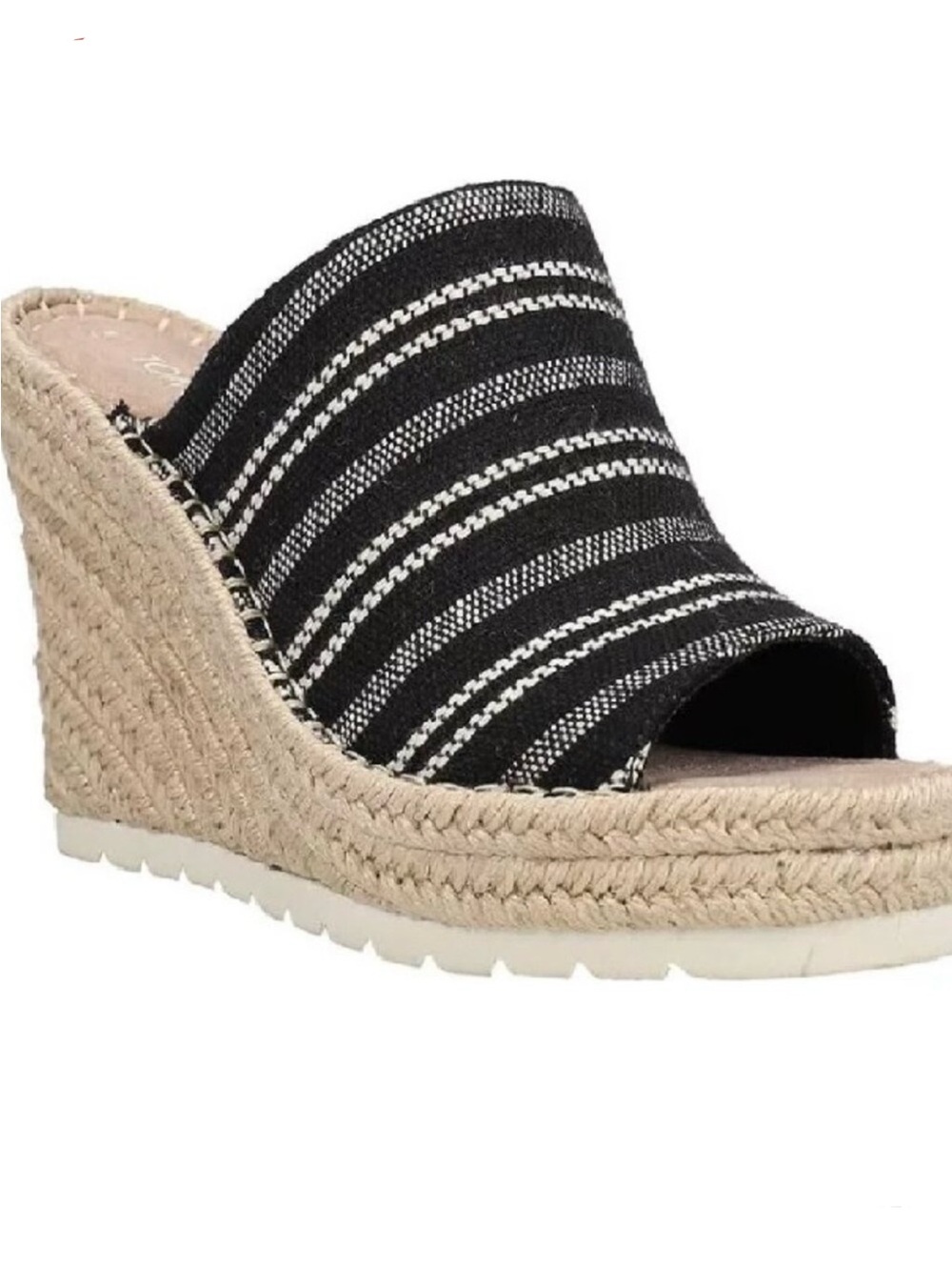 Tom’s Monica Mule black global stripe rope wrap wedge size 7.5